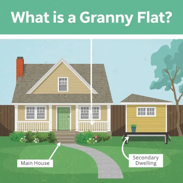 A "What is a Granny Flat?" image showing a house with a small unit in the backyard (Labels: "Main House" and "Secondary Dwelling")