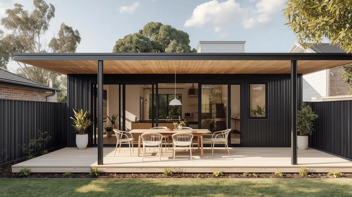 A visually appealing, modern Scandinavian-style granny flat with a "Melbourne aesthetic," featuring light timber or dark metal cladding.