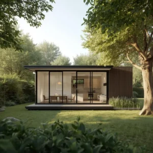 Modern minimalist (Studio style) granny flat with large glass doors in a lush garden, bathed in soft sunlight.