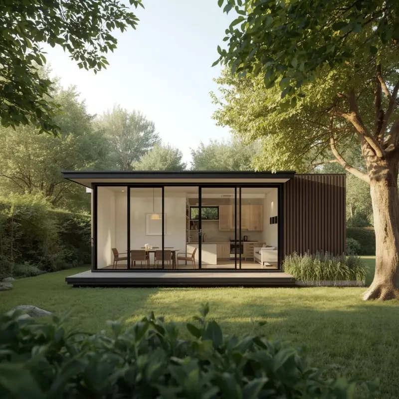 Modern minimalist (Studio style) granny flat with large glass doors in a lush garden, bathed in soft sunlight.