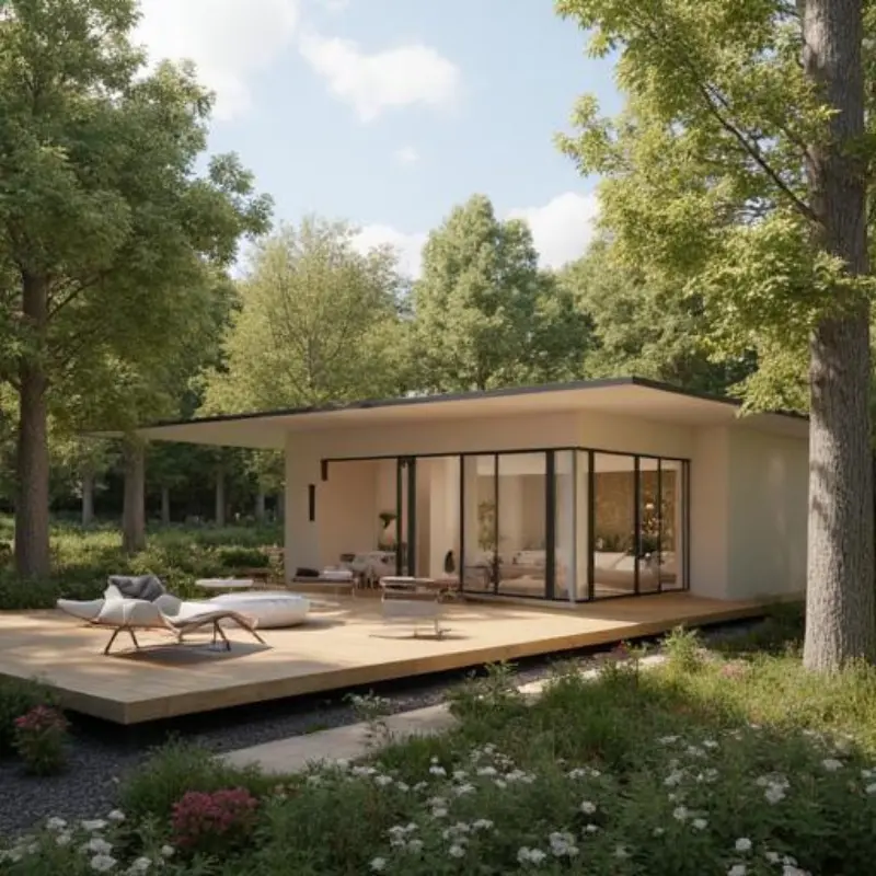 A modern, minimalist house with large glass windows and a wooden deck, surrounded by lush green trees and garden, conveying tranquility and nature.
