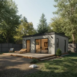 The Family Suite (2-bedroom) with large glass doors on a wooden deck, surrounded by lush trees. A lounge chair sits on the deck, creating a peaceful, inviting scene.