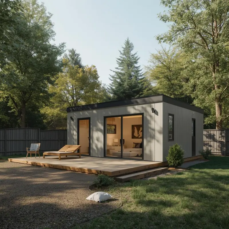 The Family Suite (2-bedroom) with large glass doors on a wooden deck, surrounded by lush trees. A lounge chair sits on the deck, creating a peaceful, inviting scene.