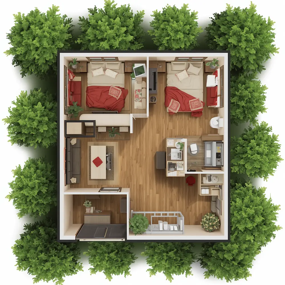 A cozy apartment floor plan with two bedrooms, a living area, and a kitchen. Wooden floors, red and white decor, surrounded by lush green trees.