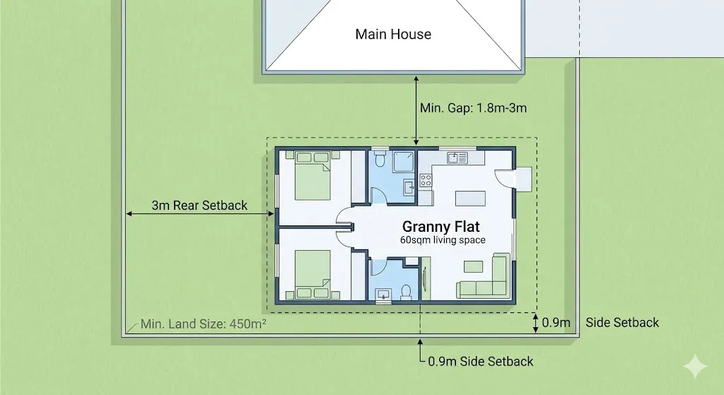 Site plan layout showing granny flat requirements NSW and property size rules.