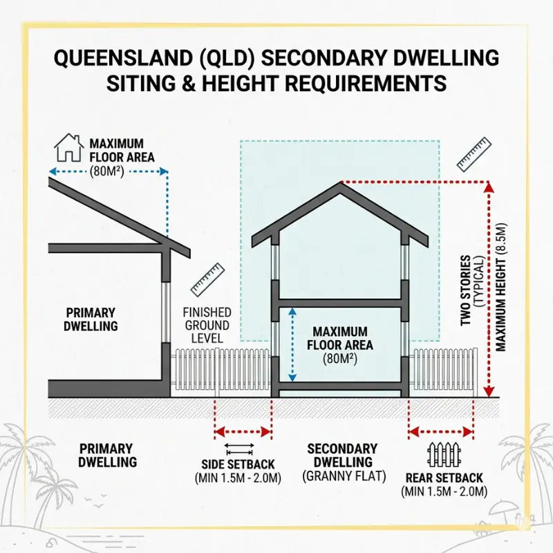 Technical diagram showing 1.5m boundary setbacks and 8.5m height limits for QLD secondary dwellings