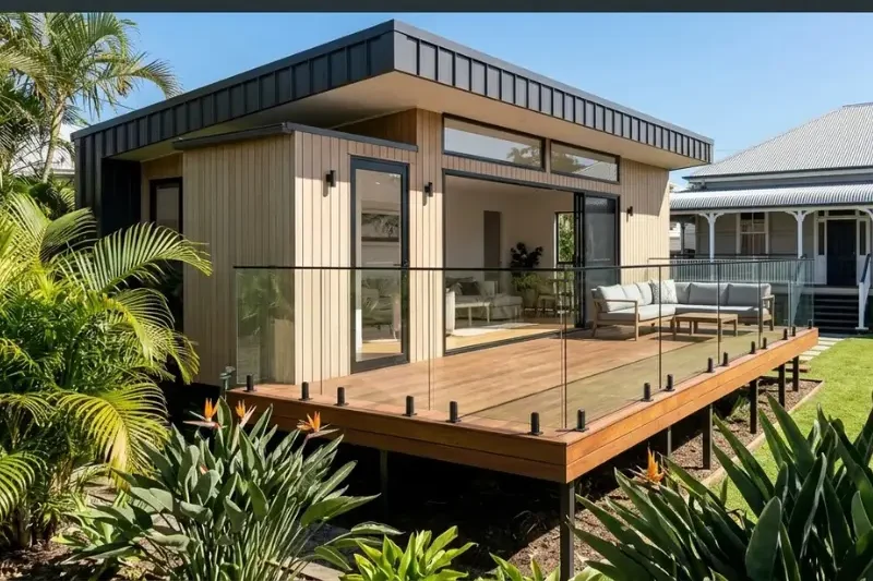 Modern timber cladding granny flat Queensland QLD with large outdoor deck and glass balustrades