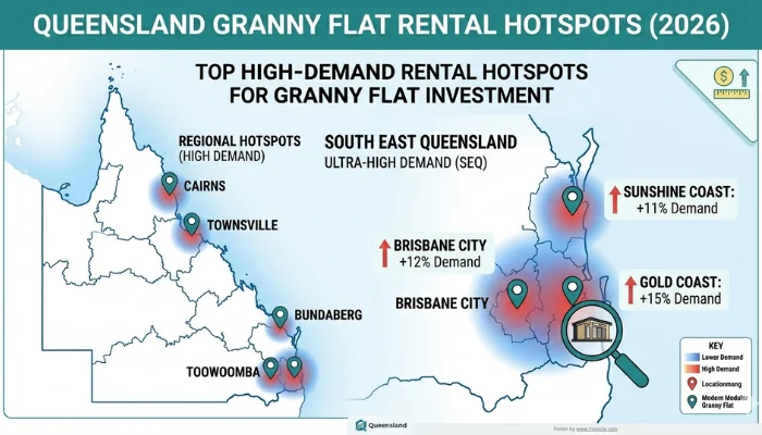 Map of Queensland highlighting high-demand rental hotspots for granny flat investment