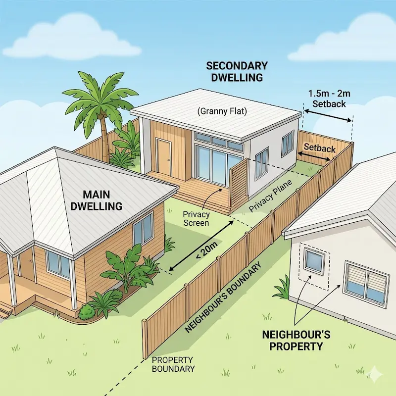 Square diagram illustrating side and rear setback rules for QLD granny flats