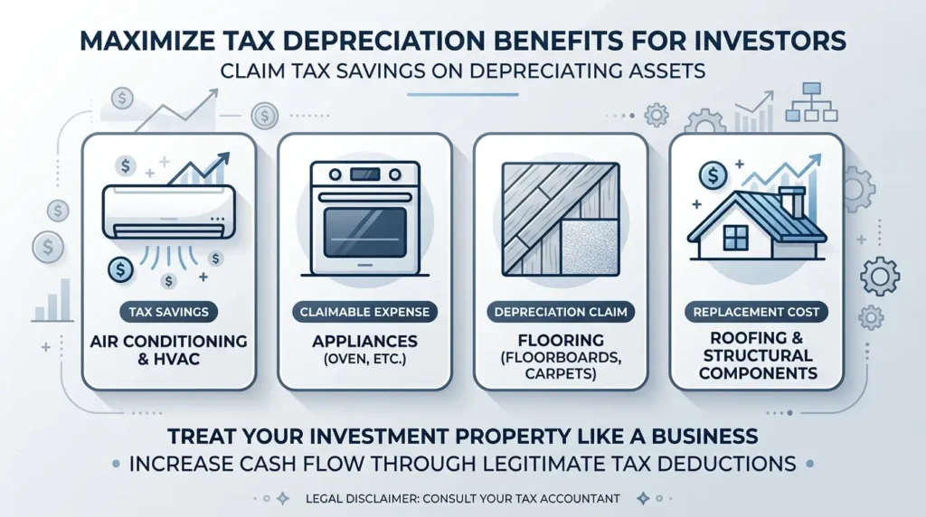 An icon-based image showing which items are tax-saving (ac, oven, flooring, roof).