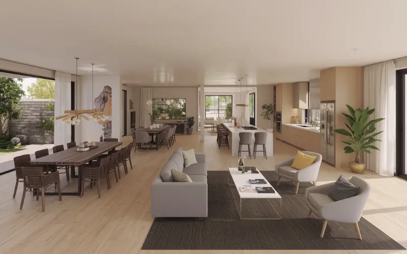 Modern interior design layout of a small backyard granny flat