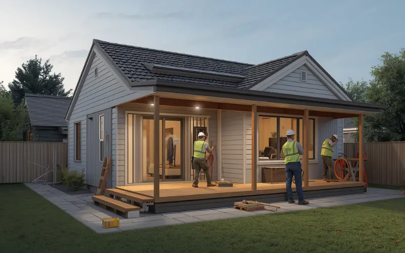 Professional builders working on a modern construction site, following the essential questions to ask a granny flat builder for a quality finish.