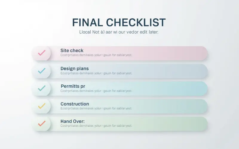Modern vector checklist graphic outlining key steps for building a granny flat.