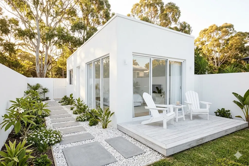 Modern Granny flat exterior with white sliding