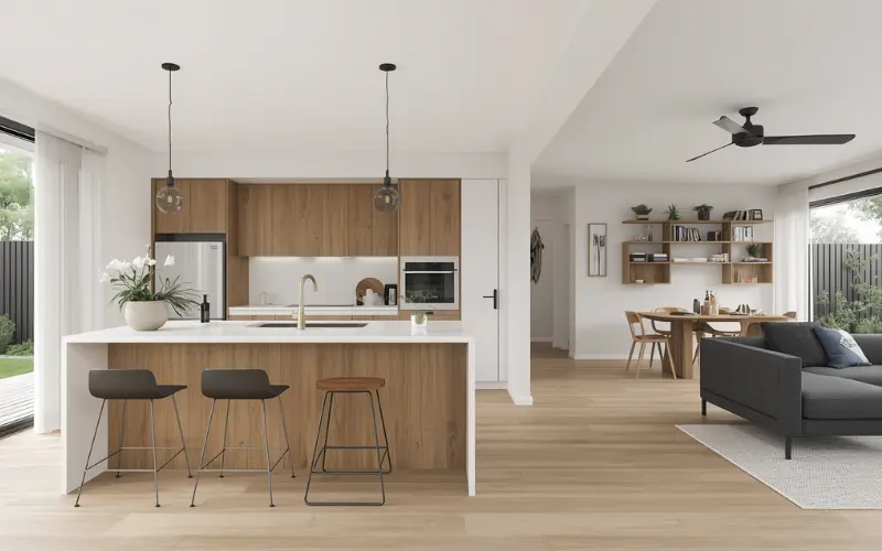 Open plan living area and glass sliding doors maximizing a 70sqm floor plan layout