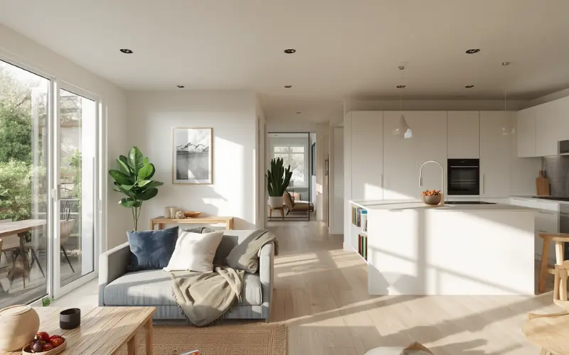 Modern interior design for a 60sqm granny flat to maximise space.