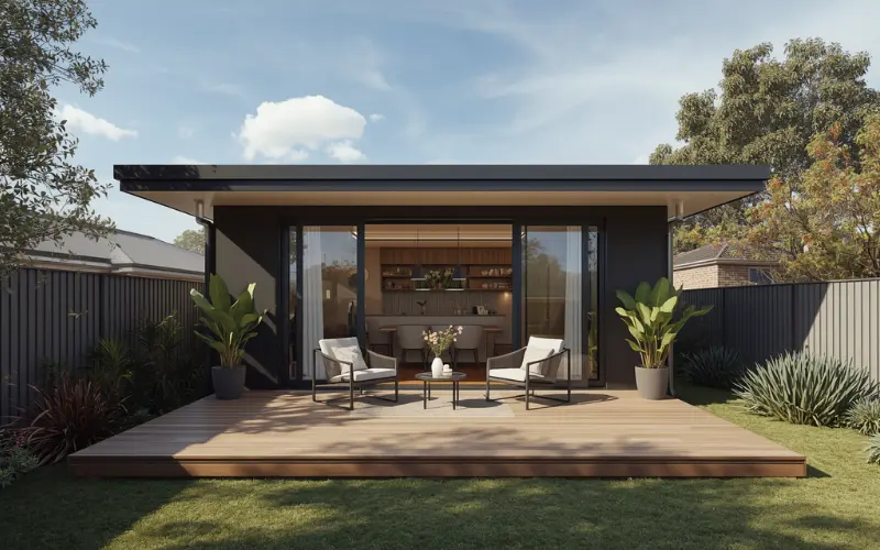 A modern, compact secondary dwelling exterior in a Western Australia suburban backyard
