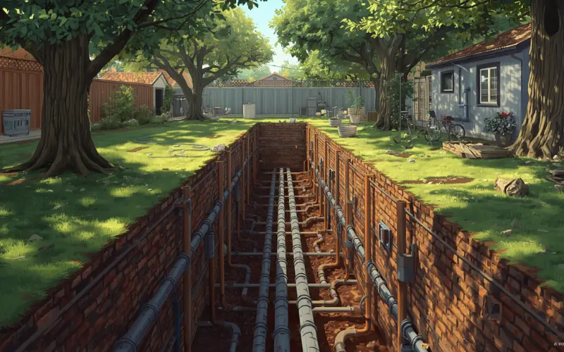 Service trenching for utility connections and separate water meters backyard granny flat
