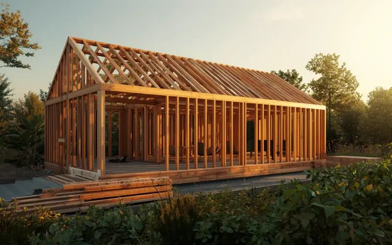 Timber house frame designed to meet the 7-star energy rating code.