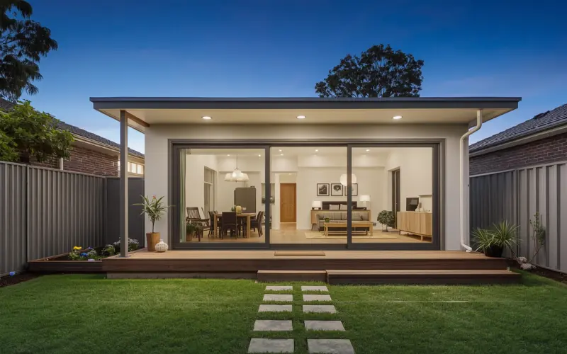 A beautifully finished, modern corner-block granny flat build in Sydney with separate pathway access and premium exterior cladding.