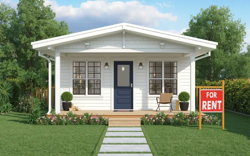 A bright, modern backyard granny flat with a "For Rent" or structural completion vibe.
