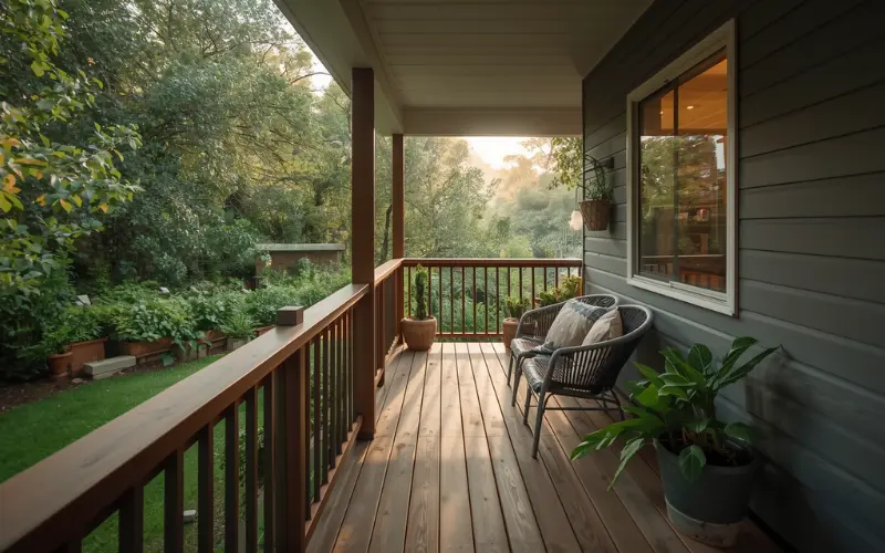 A small, cozy deck or porch attached to a granny flat.