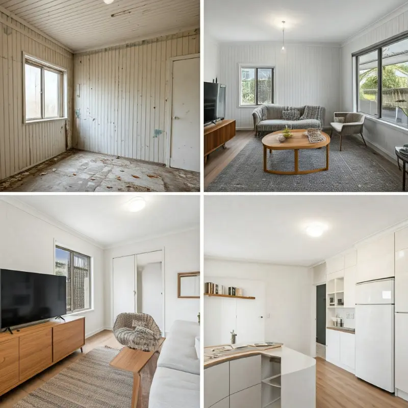 Interior of a rental-ready granny flat with modern furniture and open plan living