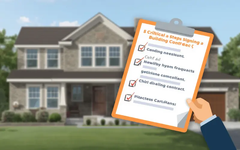 A visual summary checklist of critical steps before signing a building contract for a secondary dwelling.