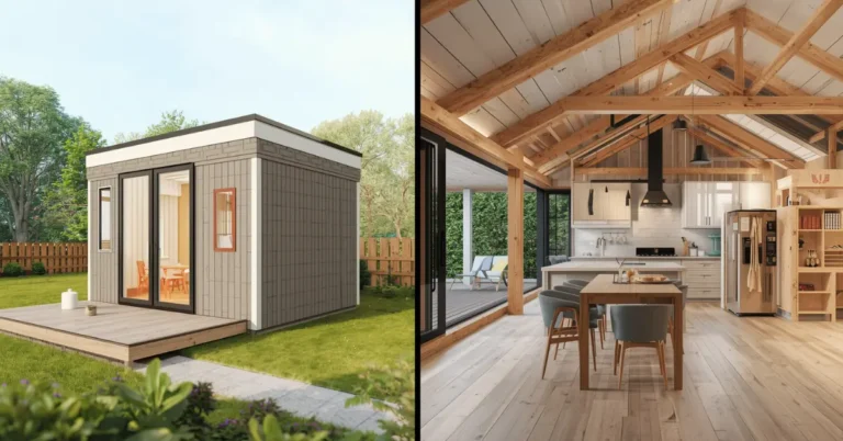 A split screen images with one side flat packed material and on other side finished modern granny flat