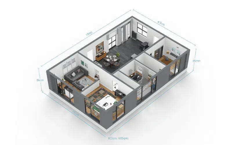 A standard 60sqm two bedroom granny flat floor plan layout design for NSW properties.