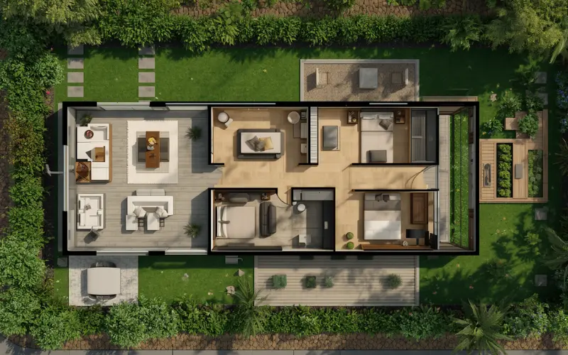 A compliant 70sqm ancillary dwelling layout showing council boundary setback lines.