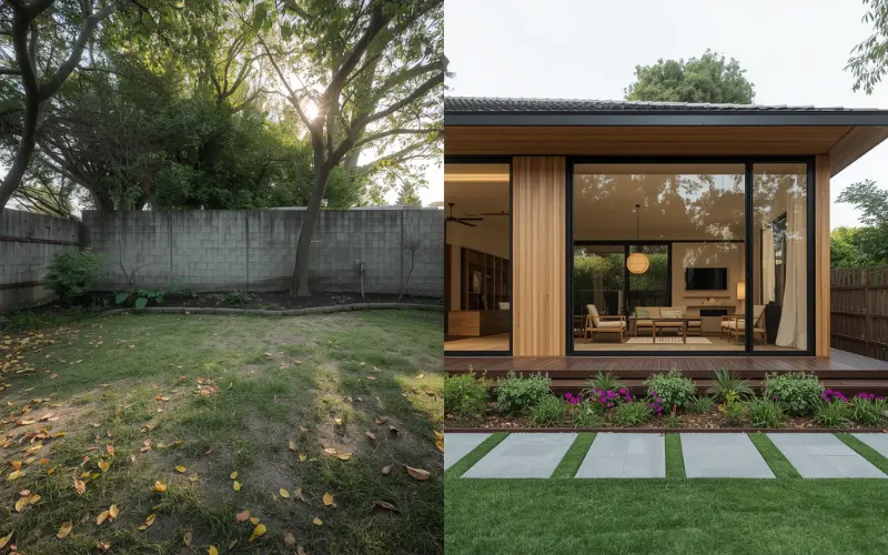 A before and after backyard transformation image visualizing the return on investment and standard NSW granny flat cost setup.
