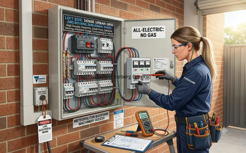 A licensed electrician upgrading a residential mains switchboard panel for an all-electric secondary home connection.