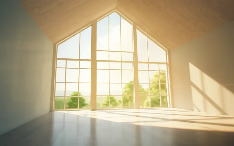 A high raked ceiling framework providing luxury natural light on a budget footprint.
