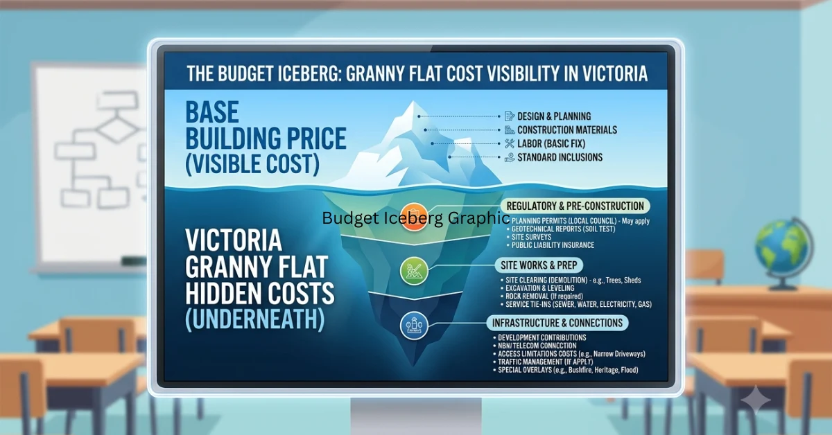 An educational budget iceberg graphic illustrating the visible base building price versus Victoria granny flat hidden costs underneath.