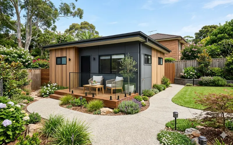A premium completed modern backyard granny flat development adding strong rental income and investment value to an NSW property.