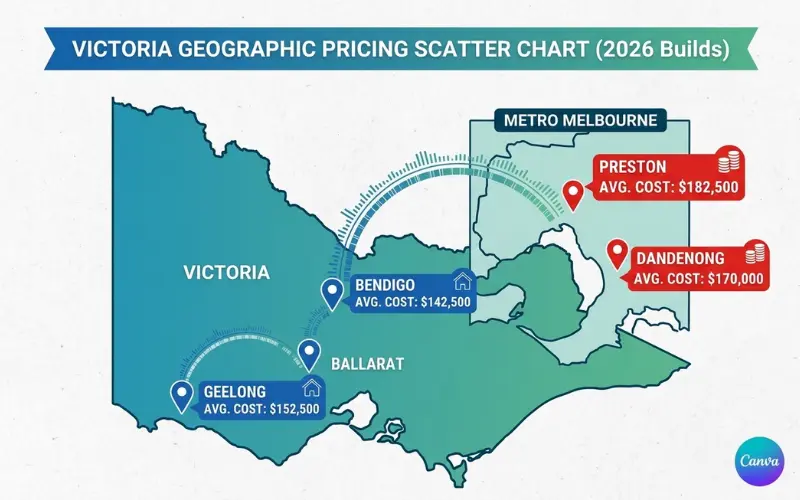 A geographic pricing map tracking suburban variations in the Melbourne vs regional Victoria granny flat cost index for 2026 builds.
