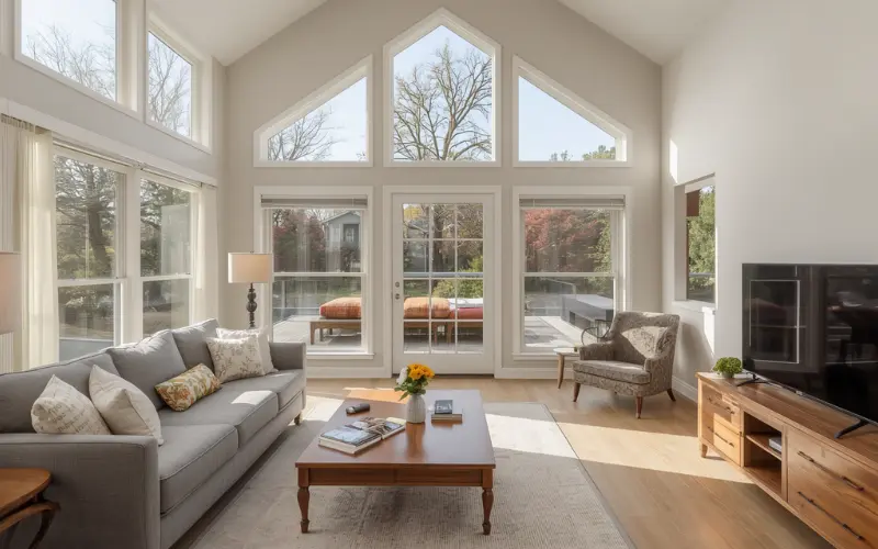 Interior living lounge with high ceilings, plenty of glass windows, showing a cozy, light-filled independent studio apartment suitable for elderly parents or guests.