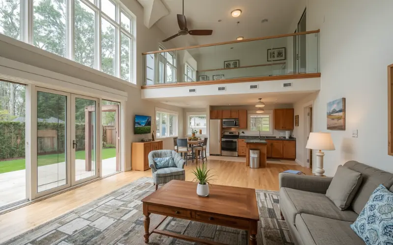 A modern self-contained interior lounge of a secondary dwelling highlighting independent comfortable living layouts.