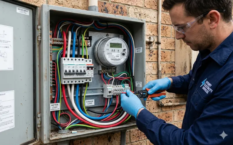 A licensed electrician upgrading a main residential home switchboard panel to handle an extra granny flat power load.