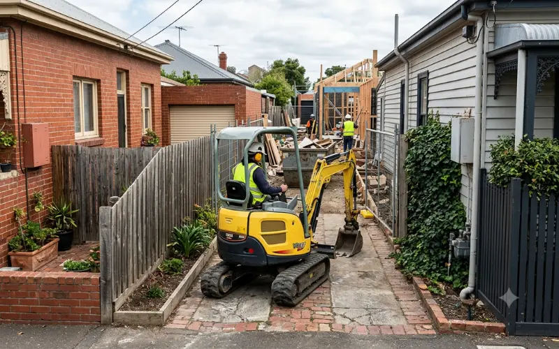 A compact mini excavator navigating a tight suburban Melbourne residential driveway to execute backyard site preparation work.