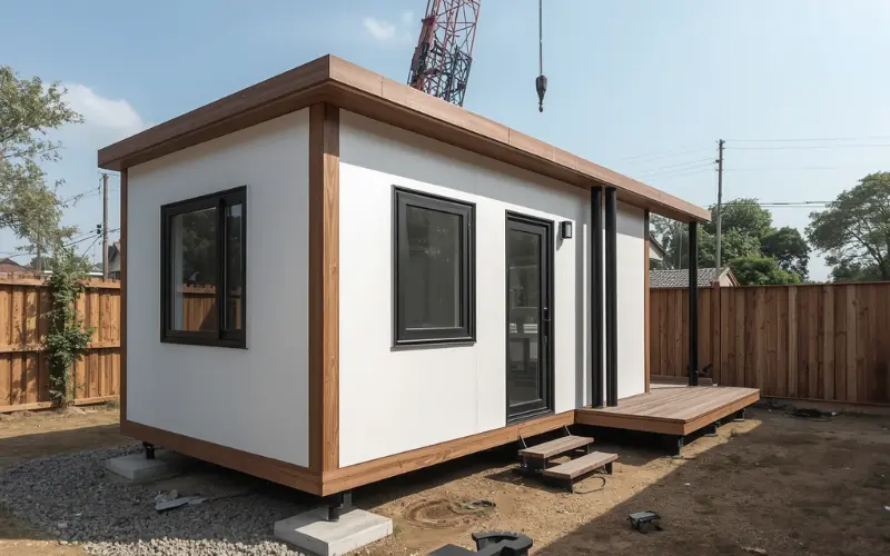 A budget-friendly compact modular prefab home being placed on a flat residential allotment.