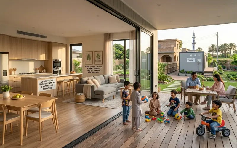 An expansive open-plan kitchen and living room house extension that enhances family flow and communal lifestyle spaces.