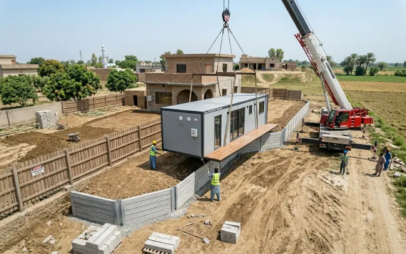 A crane lifting a finished compact prefab house onto footings to reduce on-site trade labour and hidden building costs.