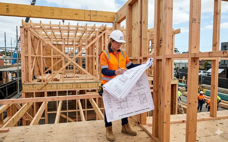 A private building certifier conducting a structural frame assessment for a complying development certificate approval in NSW.