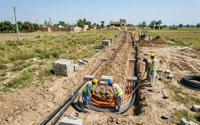 Long-distance utility trenching and plumbing service installation on an open regional Victoria development block.