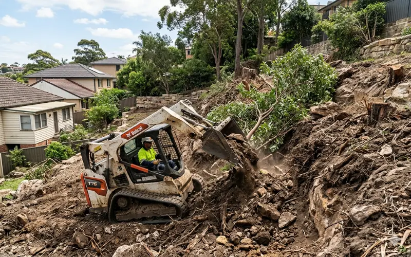A heavy excavator leveling an uneven suburban backyard for a compliant secondary dwelling building base.