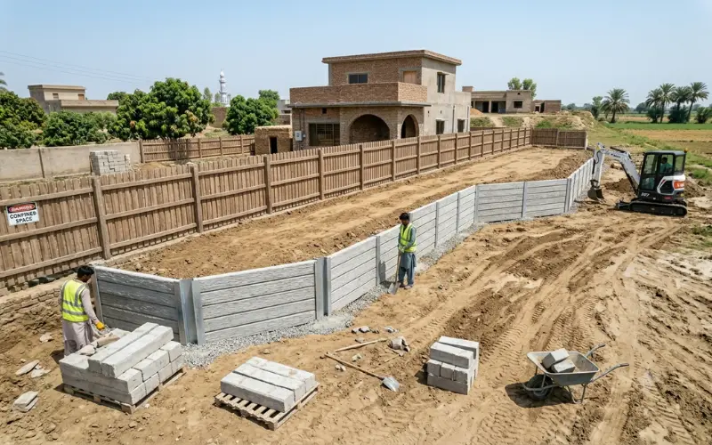 Newly constructed timber retaining walls and perimeter drainage channels framing a backyard development zone.