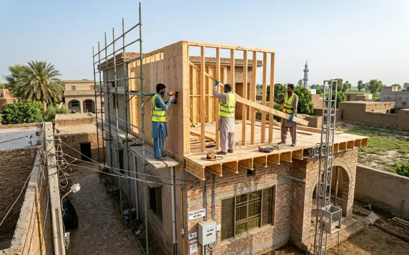 A vertical second-storey home extension under construction on a tight metropolitan allotment to maximize living space.