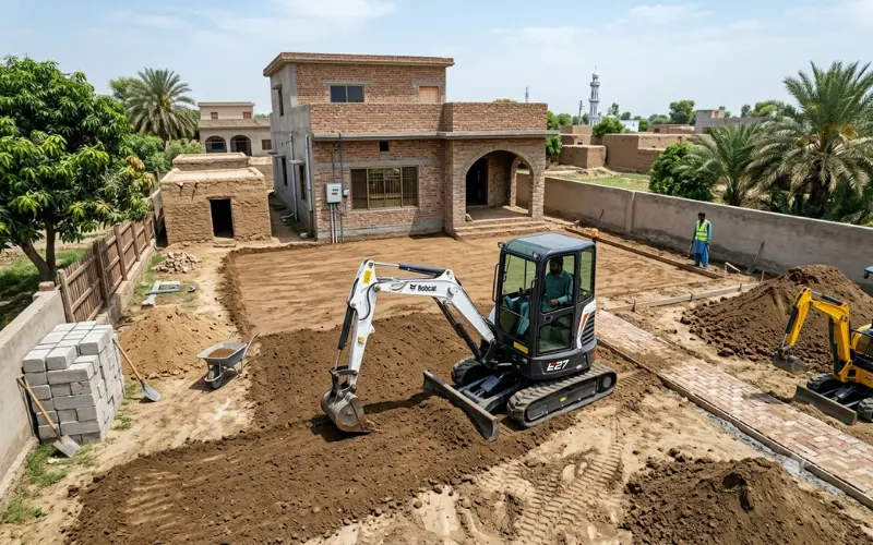 A heavy excavator leveling a sloped backyard allotment to prevent unexpected site preparation variations.